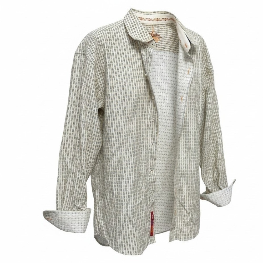 Robert Graham Mens Long Sleeve Button Down Shirt Geometric Stripe White Tan XL